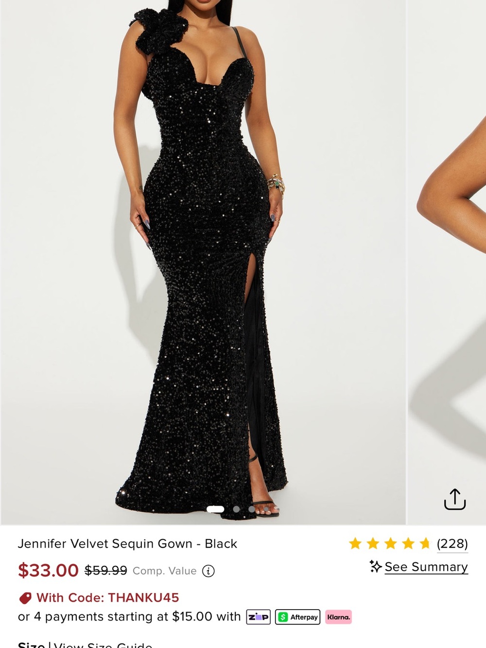 Fashion Nova Black Sequin Velvet Mermaid Gown with Floral Shoulder